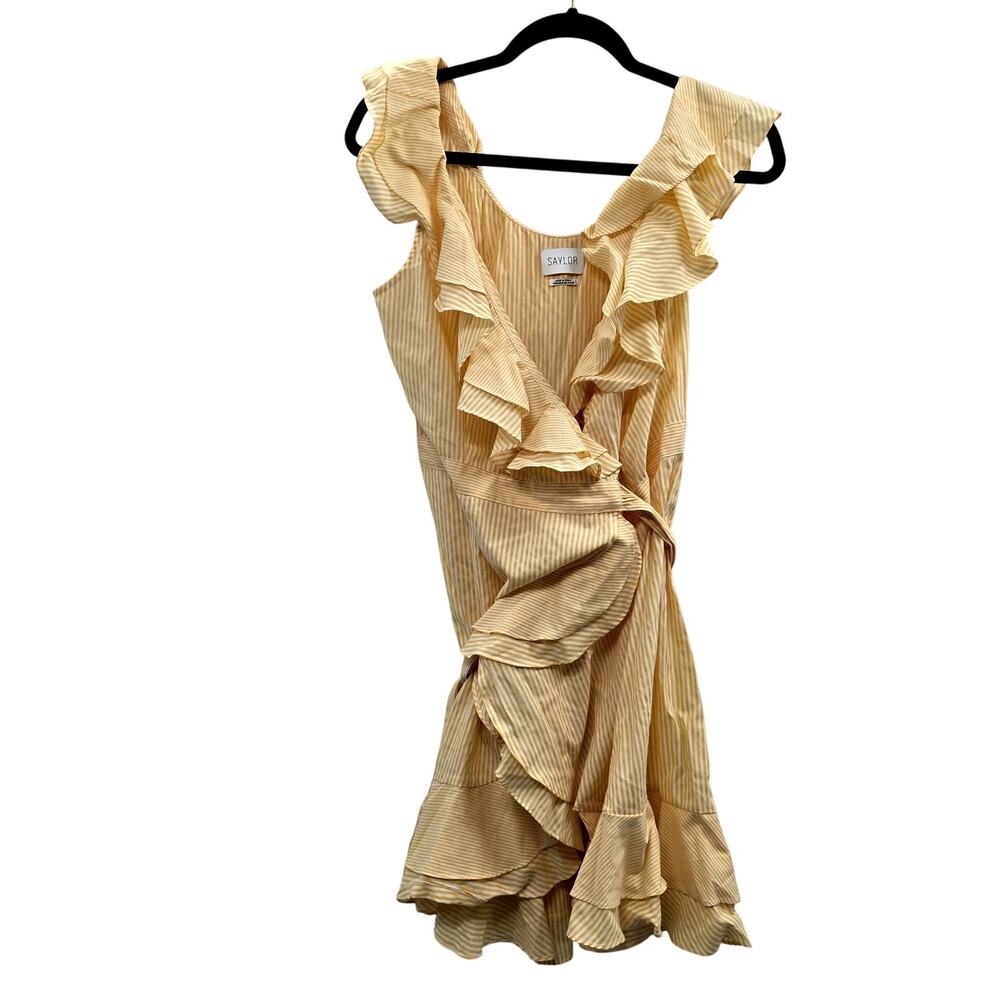 Saylor Dress Womens Large Yellow Striped Ruffle Wrap Mini